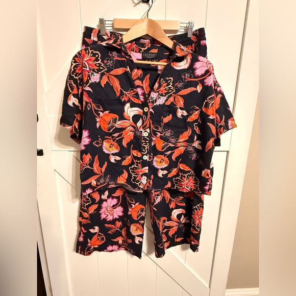 Laundry By Shelli Segal Navy Floral Shirt and Pant Set Women’s Large Linen Blend